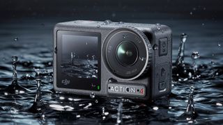 The DJI Osmo Action 4 action cam being splashed with water