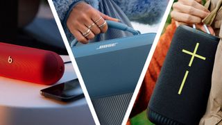 A Beats speaker on a table, a hand holding a Bose speaker and a Wondeboom speaker being attached to a rucksack